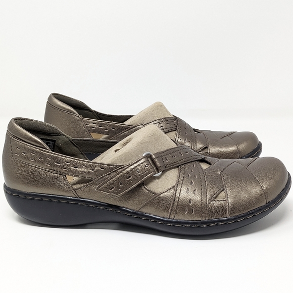 Clarks Ashland spin q slip on leather loafer low wedge metallic pewter 8 narrow - Picture 3 of 9